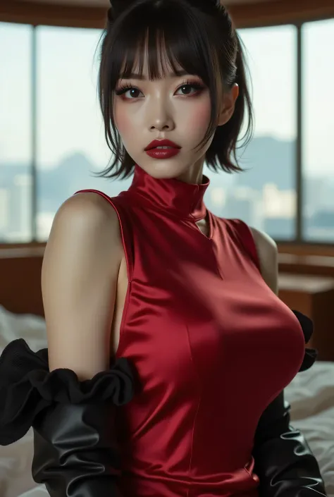 Super beautiful Japanese woman, villainess, closed mouth, condescending gaze, staring at the viewer, makeup, eyeshadows, eyeliners, long false eyelashes, light red lips, short high ponytail.
((High-neck dress)), glamorous body, big breasts, tight-fitting s...