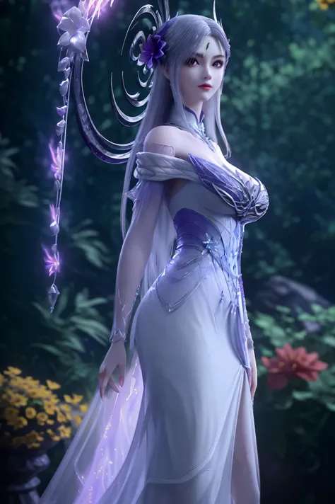 masterpiece,best quality,8k,absurdres,highres,
xiaoyixian,1girl,solo,purple dress,((silver circle:1.2)), massive Giant breasts,((glowing flower:1.2)),((hair ornament:1.3)),closed mouth,looking at viewer,long dress,pale olied skin,(side slit:1.2),
(sparkle:...