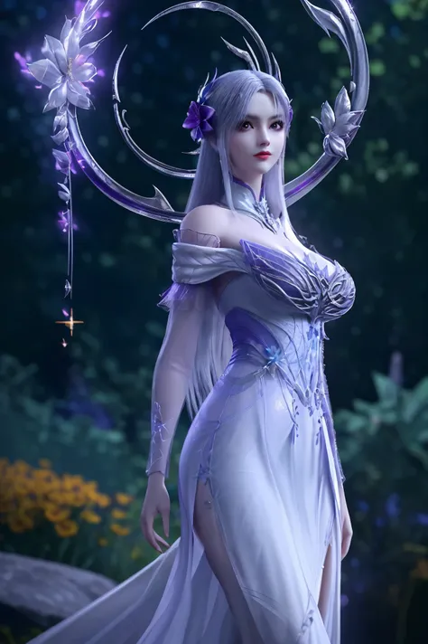masterpiece,best quality,8k,absurdres,highres,
xiaoyixian,1girl,solo,purple dress,((silver circle:1.2)), massive Giant breasts,((glowing flower:1.2)),((hair ornament:1.3)),closed mouth,looking at viewer,long dress,pale olied skin,(side slit:1.2),
(sparkle:...