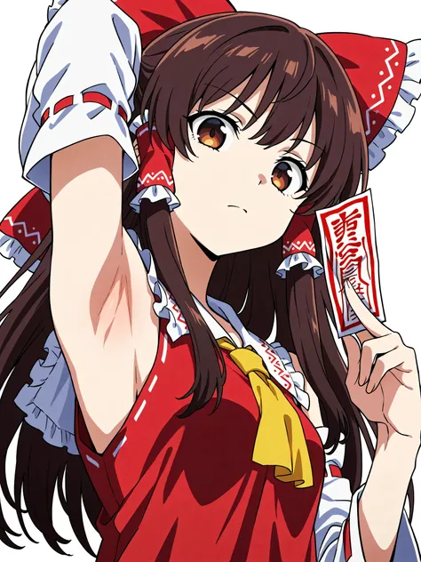 masterpiece, best quality, amazing quality, anime screencap, anime coloring, 1girl, solo, hakurei reimu, brown eyes, brown hair, long hair, sidelocks, small breasts, hair bow, hair tubes, frilled bow, yellow ascot, red shirt, ribbon-trimmed detached wide s...