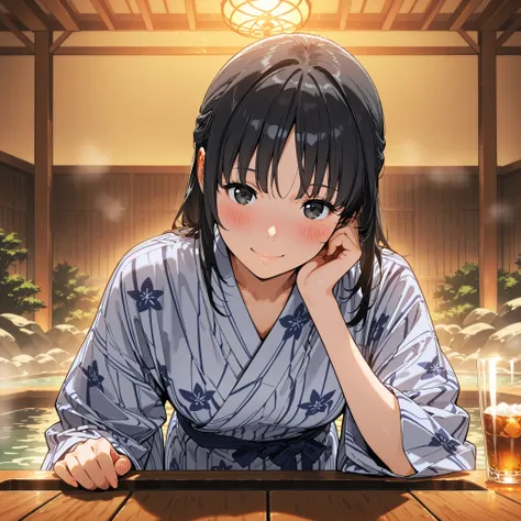  score_9 Up the Side, score_8_ Up the Side, score_7_ Up the Side, masterpiece, top quality,  source animation,  photorealistic,  Super Real, 8k,Super Detailed,  very detailed,BRAKE Kiri Mikage  、Bang Hair ,black hair ,black eyes ,glass ,ryokan yukata ,stan...