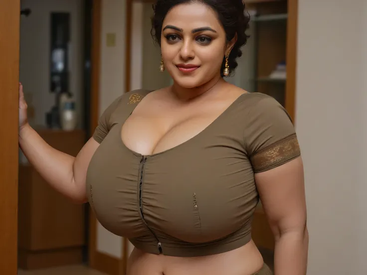 Hot indian curvy thick milf, thick thighs, woman wearing sleeveless and strapless green color tanktop and tight jean shorts, woman standing coming out of door  looking at camera with a sexy tired blushing expression, her tanktop is featuring words “Milk ta...