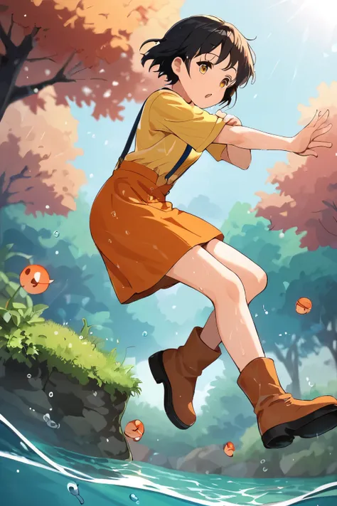 score_9, score_8_ up, score_7_ up, Anime，nsfw，Animeガール，young little woman，Short Height，Petite，skinny，thin hands and feet，side view, Falling into the water, wet clothes, short dark-haired spiny, light amber eyes , smiles shyly, yellow shirt, suspenders, orange skirt, in a stream, sitting up to her bellybottom in a stream, In front of the forest, Heavy Rain, almost underwater boots, I almost sit up to my stomach in the water，Animeスタイル，glitter，fisheye lens，Ghibli style，glitter，