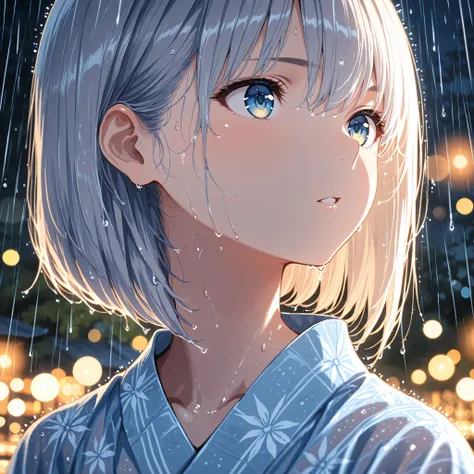 bob cut,light blue yukata,Macro Closeup of a Girl's Eye,Super Detailedな虹彩と瞳孔, Reflection,night,execution,lol,parted lips,rain,wet hair,(Bokeh),(((((depth of field,))))),Golden ratio composition, radial composition with iris ,Diagonal configuration,masterpi...