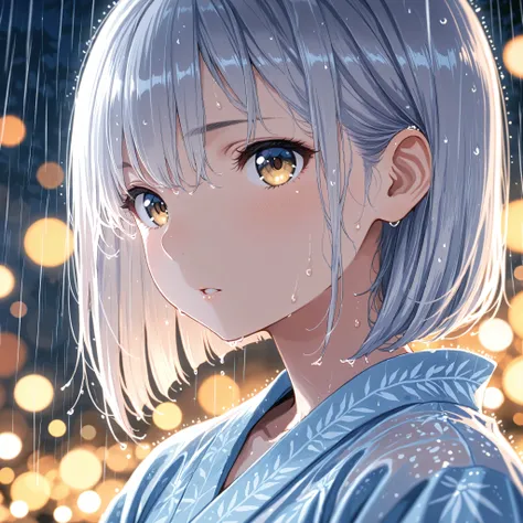 bob cut,light blue yukata,Macro Closeup of a Girl's Eye,Super Detailedな虹彩と瞳孔, Reflection,night,execution,lol,parted lips,rain,wet hair,(Bokeh),(((((depth of field,))))),Golden ratio composition, radial composition with iris ,Diagonal configuration,masterpi...