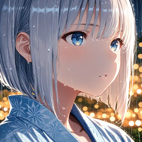 bob cut,light blue yukata,Macro Closeup of a Girl's Eye,Super Detailedな虹彩と瞳孔, Reflection,night,execution,lol,parted lips,rain,wet hair,(Bokeh),(((((depth of field,))))),Golden ratio composition, radial composition with iris ,Diagonal configuration,masterpi...