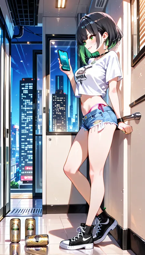 NSFW,cute,Lays on back on the bed ,Holds phone with right hand ,((500ml can of Drinking beer:1,3)),Looks at phone screen ,full body,walking on the Corridor space in a high-rise apartment building,(masterpiece, ultra high definition, 16k, intricate), sharp ...