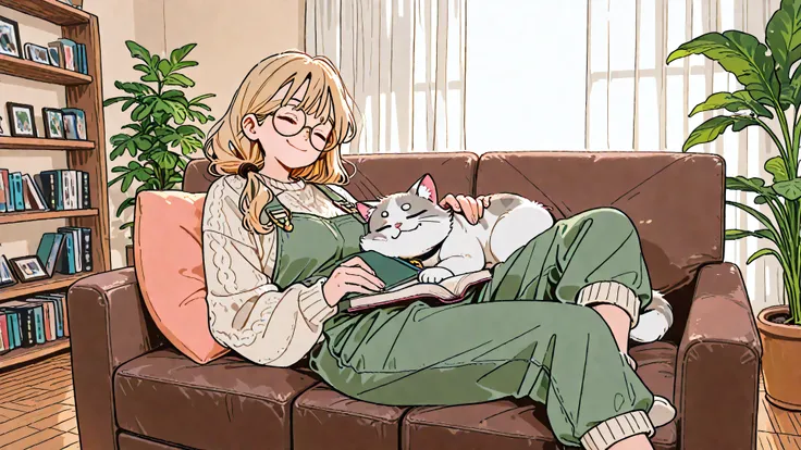 Anime-style illustration, wide shot, cozy indoor scene. A cheerful 25-year-old woman with blonde long wavy hair in a half-up low twist, mature features and big closed-eye smile, sits cross-legged on a modern mint-toned couch wearing round glasses, a cream ...