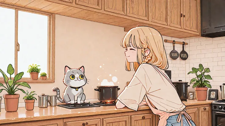 Anime-style illustration, wide shot, modern Korean-style kitchen. A 25-year-old woman with blonde long side-swept straight hair in a soft low side braid wears a beige short-sleeve top and light denim apron, smiling with eyes closed as she stirs a pot. A gr...