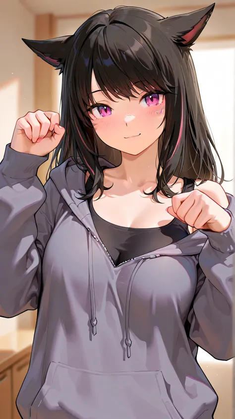 ((solo)), ((2girl)), Black hair, ((highlights hair, pink streaked hair)),, Quality_masterpiece, anatomically accurate, Beautiful Face,  Perfect facial features , Highly detailed beautiful face and eyes, Attractive Face, Miqo'te, gray hoodie, tanktop, paw p...
