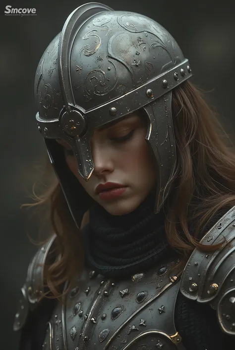 beautiful 25-year-old woman, his face is completely covered by a medieval war helmet, his hair is brown, his look is mysterious as if he were hiding his intentions, full lips and subtle red with a little shine,with his head tilted down, side view, PALADIN ...