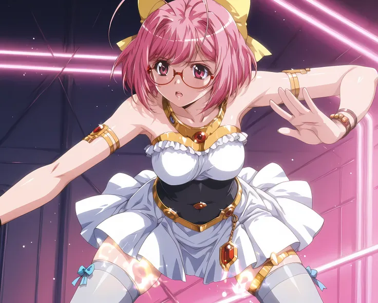 best image quality、top quality、masterpiece、4K、8K、high definition anime style、5 anatomically correct fingers、depth of field、alone、 solo、very young female、 kanon nakagawa, nakagawa kanon , short hair, pink hair, hair bow, pink eyes, antenna hair, mature fema...