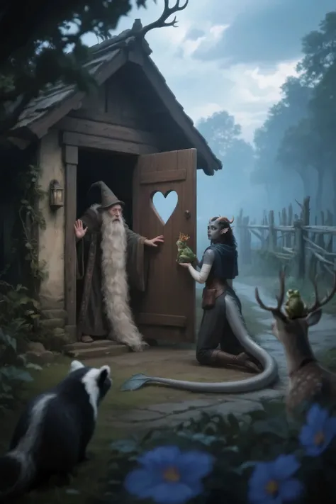 In a tiny wooden one A 1-meter-wide shed standing in the middle of a courtyard outside with an open wooden door with a heart-cut wooden door sits inside in the depths, a retired magician with a very long beard facing the street spreading far across the ear...