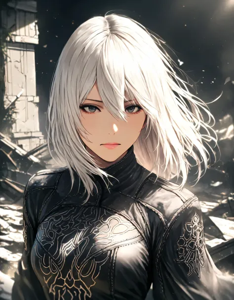 1girl, nier \(series\), year 2019, upper body, ruins, masterpiece, high score, great score, absurdres, 16k, Ultra detailed, (photorealistic : 0.5)