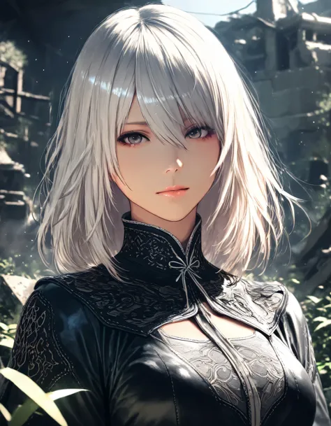 1girl, nier \(series\), year 2019, upper body, ruins, masterpiece, high score, great score, absurdres, 16k, Ultra detailed, (photorealistic : 0.5)