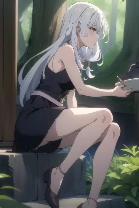 a woman with long silver hair,Can you draw a witch costume,Let's draw a more delicate expression,can you draw a woman with a nice smile,I'm in the woods, long haired woman with dark hair ,can you draw a woman interacting with spirits,,Jungle lakeside,f...