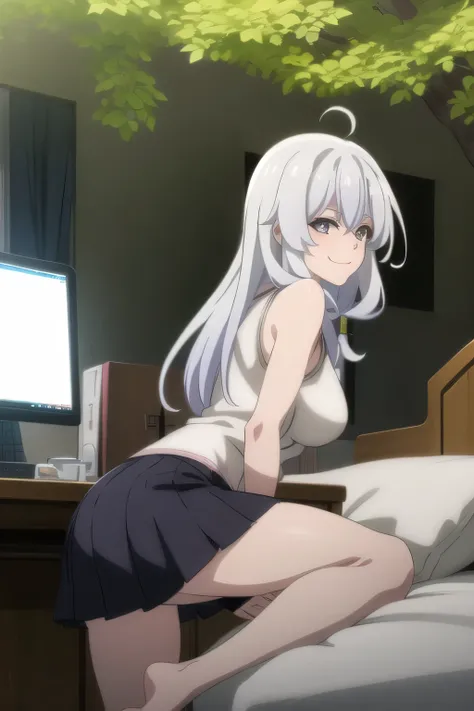 can you draw a witch surfing the internet,A witch who operates a computer or smartphone,smile at me on the bed {X} draw the eXpression on her face even more delicately,A woman with a lovely smile,I'm a retired witch,can you draw a dark blue pleated miniski...