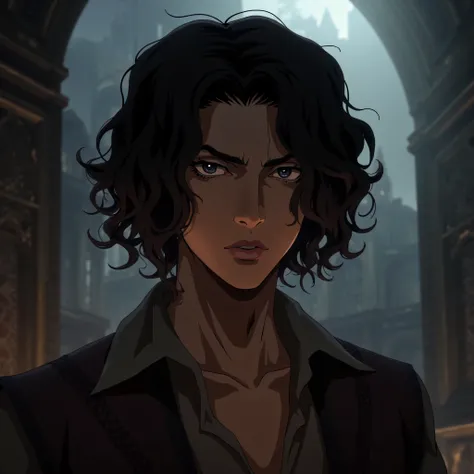 Young Leonardo da vinci in the castlevania nocturne netflix art style, castlevania netflix screenshot, scene from the anime, handsome pretty boy, dark hair and dark eyes, wearing a 1792 french revolution style shirt, slightly unbuttoned, masterpiece, very ...