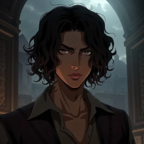 Young Leonardo da vinci in the castlevania nocturne netflix art style, castlevania netflix screenshot, scene from the anime, handsome pretty boy, dark hair and dark eyes, wearing a 1792 french revolution style shirt, slightly unbuttoned, masterpiece, very ...