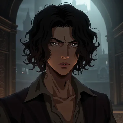 Young Leonardo da vinci in the castlevania nocturne netflix art style, castlevania netflix screenshot, scene from the anime, handsome pretty boy, dark hair and dark eyes, wearing a 1792 french revolution style shirt, slightly unbuttoned, masterpiece, very ...
