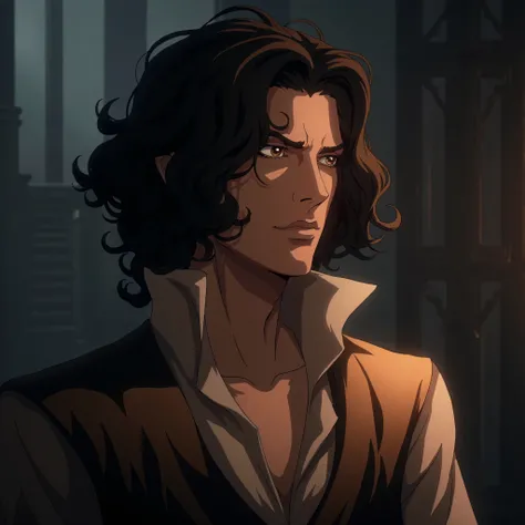 Young Leonardo da vinci in the castlevania nocturne netflix art style, castlevania netflix screenshot, scene from the anime, handsome pretty boy, dark hair and dark eyes, wearing a 1792 french revolution style shirt, slightly unbuttoned, masterpiece, very ...