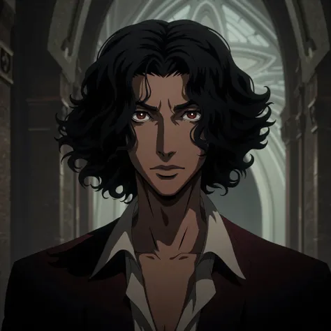 Young Leonardo da vinci in the castlevania nocturne netflix art style, castlevania netflix screenshot, scene from the anime, handsome pretty boy, dark hair and dark eyes, wearing a 1792 french revolution style shirt, slightly unbuttoned, masterpiece, very ...