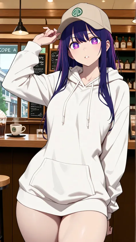 score_9, score_8_up, score_7_up, 1lady, ai hoshino, perfect eyes, perfect face, medium breast, long hair, bangs, purple eyes, purple hair, symbol-shaped pupils, perfect attractive curvy slim body, charming beauty, gorgeous body shapes, big hips, thick thig...
