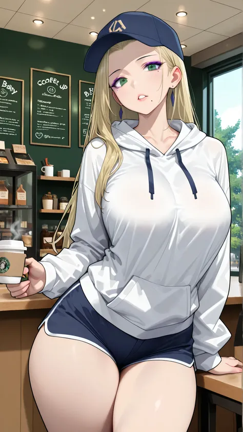 score_9, score_8_up, score_7_up, 1lady, KJOsayo, perfect eyes, perfect face, long hair, blonde hair, green eyes, mole under mouth, purple eyeliner, large breasts, perfect attractive curvy slim body, charming beauty, gorgeous body shapes, big hips, thick th...
