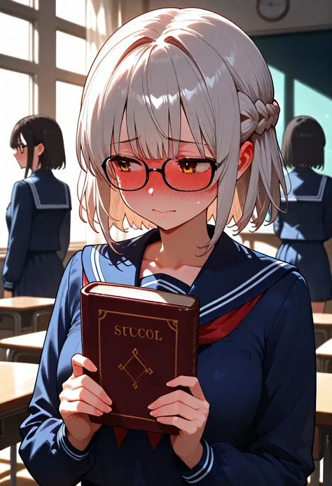 aruhshura, braid, glasses, school uniform, holding book, embarrassed, looking away, blushing, shy expression, soft lighting, classroom background, detailed eyes, delicate features