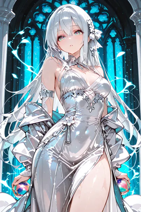 top quality、masterpiece、月明かりの舞踏会で、A beautiful young wizard dances brilliantly at the moonlight ball、white silver dress、A beautiful, rejuvenated wizard who wears a magical aura、beautiful