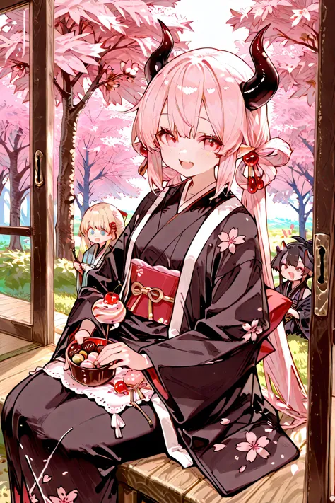 top quality、masterpiece、In a peaceful rural garden、引退した美しい女性のwizardと人間の姿をした元 Demon Kingが縁側でお茶を飲んでいる、Japanese sweets and tea confectionary are placed in a peaceful rural garden、peaceful scene where 2 people laugh、cherry blossom tree in the background、wizard...