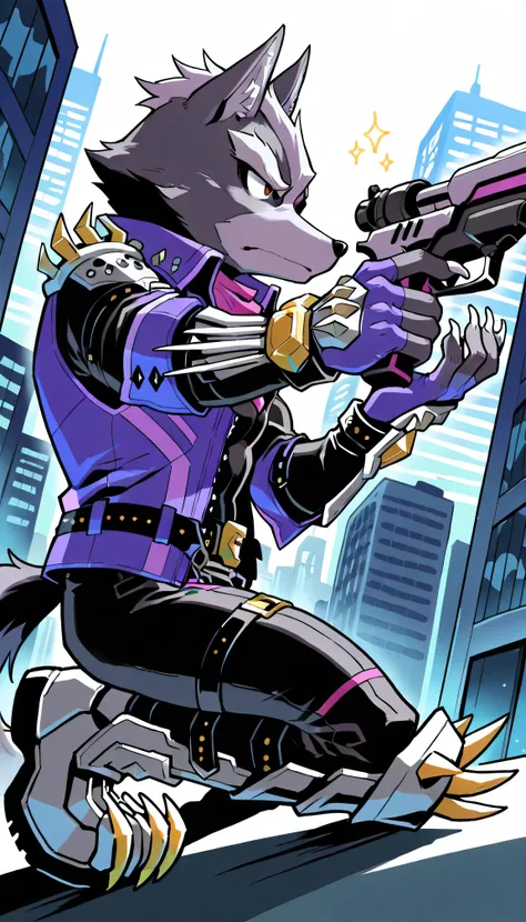 score_9, score_8_up, score_7_up, score_6_up, score_5_up, score_4_up, source_furry, hi res, inside city, sparkles, side angle, solo, kneeling position with only one leg kneeled, gun shooting pose, holding gun, Wolf O'Donnell, Red Eye, Right Eyepatch, Pink K...
