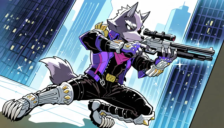 score_9, score_8_up, score_7_up, score_6_up, score_5_up, score_4_up, source_furry, hi res, inside city, sparkles, side angle, solo, kneeling position with only one leg kneeled, gun shooting pose, holding gun, Wolf O'Donnell, Red Eye, Right Eyepatch, Pink K...