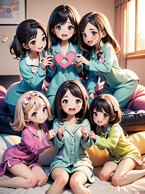 (((expresses a burst of laughter with the whole body:1.3))),(((5 cute girls make circles on futons,))),(((Love story))),Pajama Party,