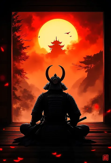 The horizon fills the sky with warm shades of orange and red, hanging lazily in the air、A lone samurai sits cross-legged in a traditional room. samurai, Evocative of a historical or cultural setting,  is depicted 、silhouette, Creates a sense of mysticism a...