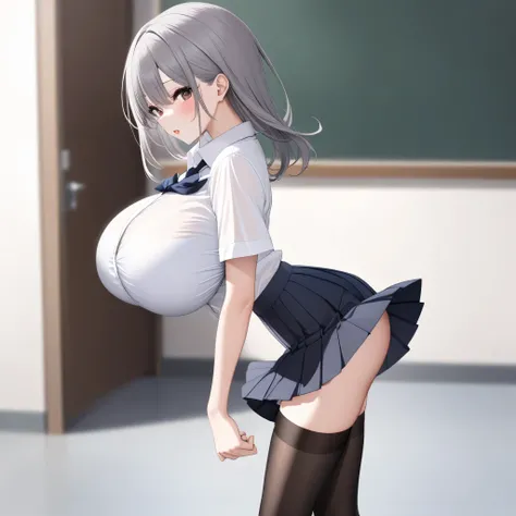 primarily school, BREAK, solo, (a skinny little student walking:1.2), (bouncing large breasts), arched back, BREAK, large breasts, too short torso, too narrow waist, skinny legs BREAK, school uniform, white collared shirts, (gray bra visible through shirts...