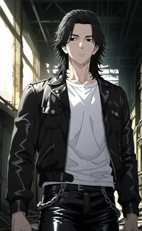 1male,solo,black hair,medium hair,mullet hair,black eyes,white t-shirt,leather jacket,leather pants,1chain leags,muscle,abandoned warehouse,