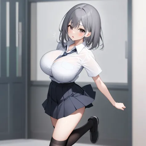 primarily school, BREAK, solo, (a skinny little student walking:1.2), (bouncing large breasts), arched back, BREAK, large breasts, too short torso, too narrow waist, skinny legs BREAK, school uniform, white collared shirts, (gray bra visible through shirts...