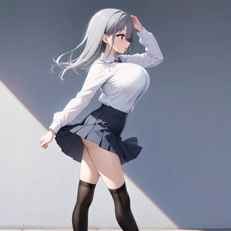 primarily school, BREAK, solo, (a skinny little student walking:1.2), (bouncing large breasts), arched back, BREAK, large breasts, too short torso, too narrow waist, skinny legs BREAK, school uniform, white collared shirts, (gray bra visible through shirts...