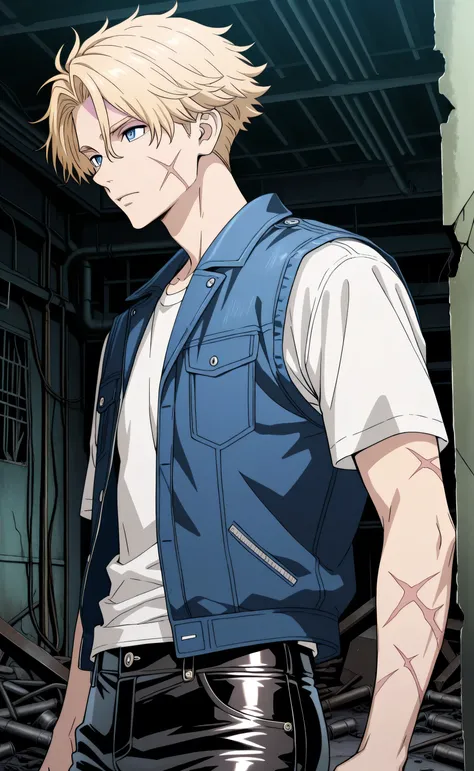 1male,solo,Seishuu Inui,blond hair,short hair,Blue eyes,white t-shirt,jeans vest,leather pants,scar,abandoned warehouse,