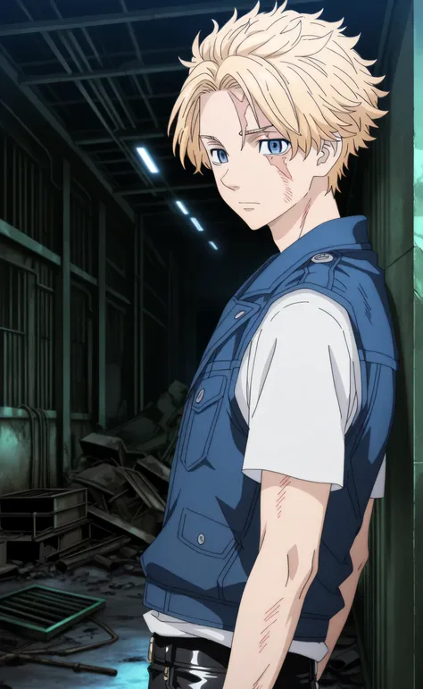 1male,solo,Seishuu Inui,blond hair,short hair,Blue eyes,white t-shirt,jeans vest,leather pants,scar,abandoned warehouse,