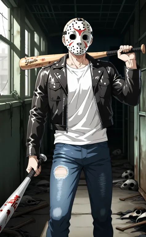 1male,solo,Jason Voorhees,hockey mask,white t-shirt,leather jacket,jean pants,muscle,holding a baseball bat,abandoned warehouse,