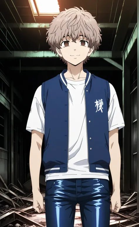 1male,solo,Choji Tomiyama,short hair,beige hair,,brown eye,empty eyes,blue jeans vest,white t-shirt,Leather pants,smile,short,abandoned warehouse,