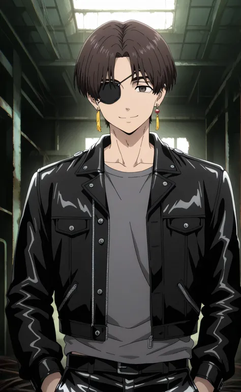 1male,solo,Hayato Suou,short hair,darkbrow hair,1brown eye,eyes patch,earring,leather jacket,grey t-shirt,Leather pants,smile,muscle,abandoned warehouse,