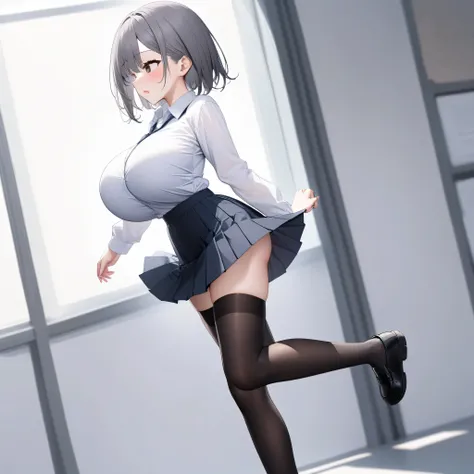 primarily school, BREAK, solo, (a skinny little student walking:1.3), (bouncing large breasts), arched back, BREAK, large breasts, too short torso, too narrow waist, skinny legs BREAK, school uniform, white collared shirts, (gray bra visible through shirts...