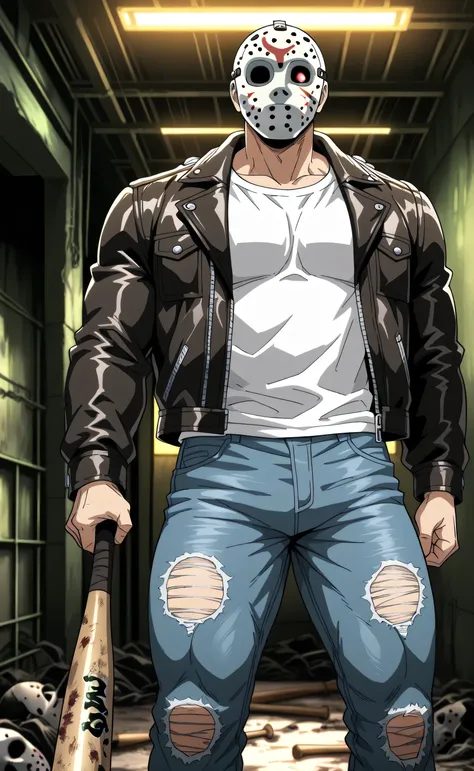 1male,solo,Jason Voorhees,hockey mask,white t-shirt,leather jacket,jean pants,big muscle,big guy,holding a baseball bat,abandoned warehouse,