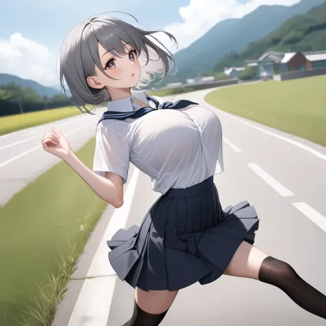 (primarily school), landscape, BREAK, solo, (a skinny little student walking:1.3), (bouncing large breasts), arched back, BREAK, large breasts, too short torso, too narrow waist, skinny legs BREAK, school uniform, white collared shirts, (gray bra visible t...