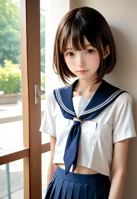  score_9, score_8_ up, score_7_ up,n current   ,( photo realistic:1.5),cute girl, , sunlight, Yang, school uniform, short hair,  small breasted  ,skinny, slender ,short,slender body,younger,かわいいyounger女の子 opening without permission,   thin shoulders, reali...