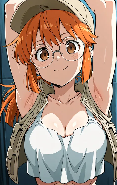 masterpiece, best quality, amazing quality, anime screencap, anime coloring, 1girl, solo, Fio Germi, toned, (muscular female:0.9), baseball cap,brown headwear,beige hat,long hair,orange hair,ponytail,sidelocks,brown eyes,bangs,round eyewear, collarbone,cle...