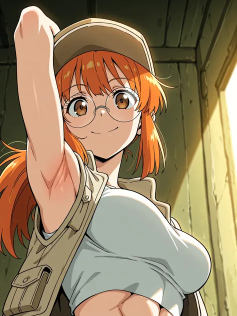 masterpiece, best quality, amazing quality, anime screencap, anime coloring, 1girl, solo, Fio Germi, toned, (muscular female:0.9), baseball cap,brown headwear,beige hat,long hair,orange hair,ponytail,sidelocks,brown eyes,bangs,round eyewear,crop top,midrif...